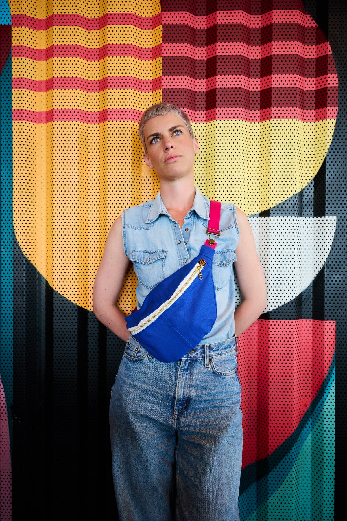Sac banane en bleu de travail recyclé et wax