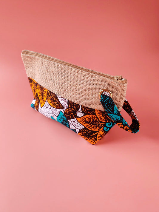 Pochette en toile de jute & wax Fleurs des îles – Avec dragonne
