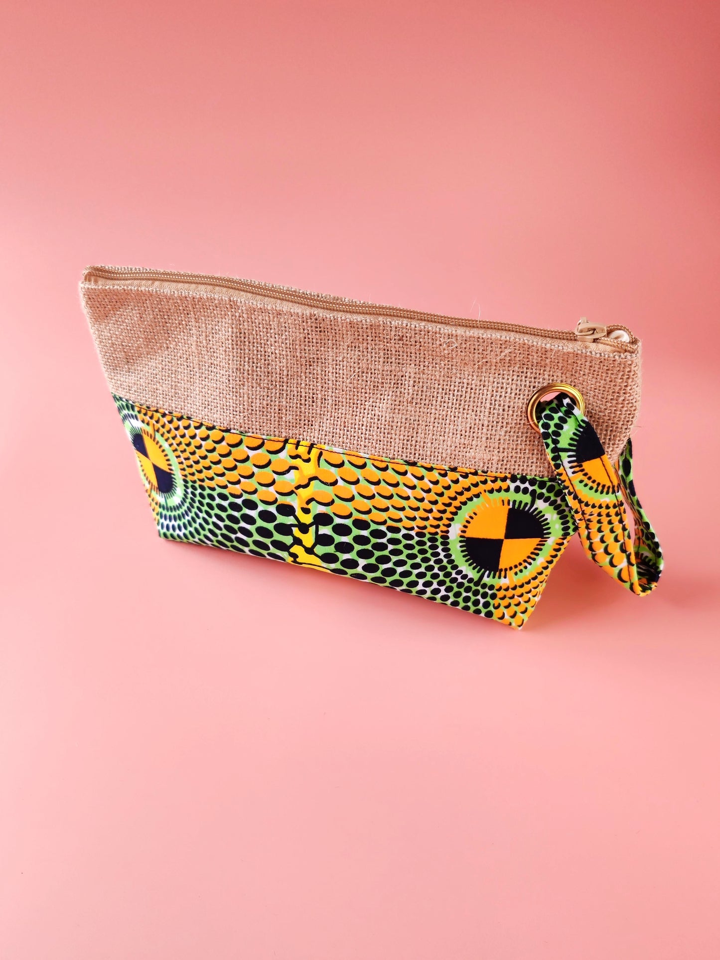 Pochette en toile de jute & wax Disque multicolore – Avec dragonne