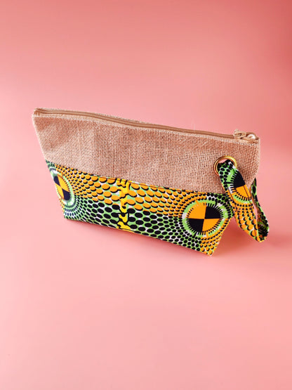 Pochette en toile de jute & wax Disque multicolore – Avec dragonne