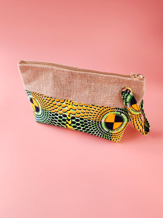 Pochette en toile de jute & wax Disque multicolore – Avec dragonne