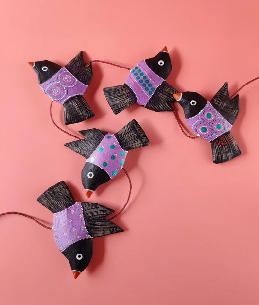 Fil d’oiseaux Violet – Papier mâché & perles