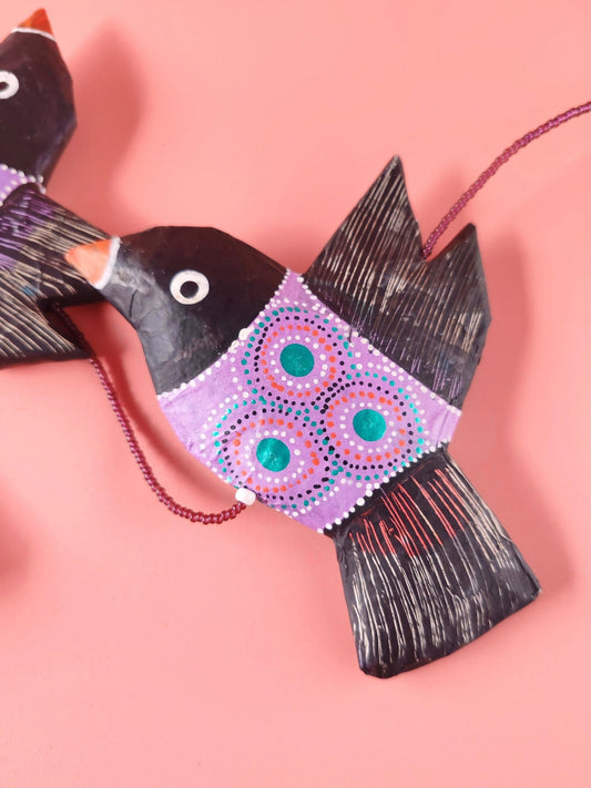 Fil d’oiseaux Violet – Papier mâché & perles